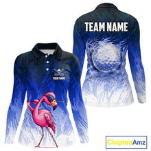 Load image into Gallery viewer, Funny Flamingo Blue camo flame golf ball Women Golf Polo Shirt Custom Flamingo Golf attire for ladies NQS9800
