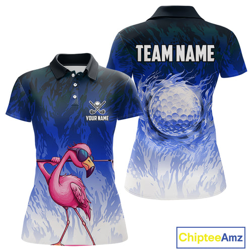Funny Flamingo Blue camo flame golf ball Women Golf Polo Shirt Custom Flamingo Golf attire for ladies NQS9800