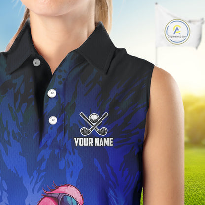 Funny Flamingo Blue camo flame golf ball Women Golf Sleeveless Polo Shirt Custom Ladies Golf tops NQS9800