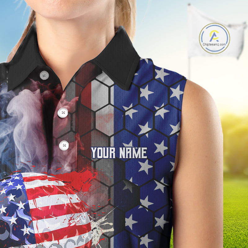 Smoke Golf ball American Flag Women Sleeveless Polo Shirt Custom Patriotic Golf attire for ladies NQS9801