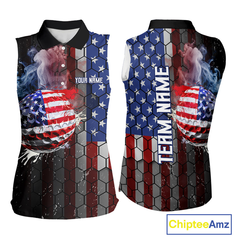 Smoke Golf ball American Flag Women Sleeveless Polo Shirt Custom Patriotic Golf attire for ladies NQS9801