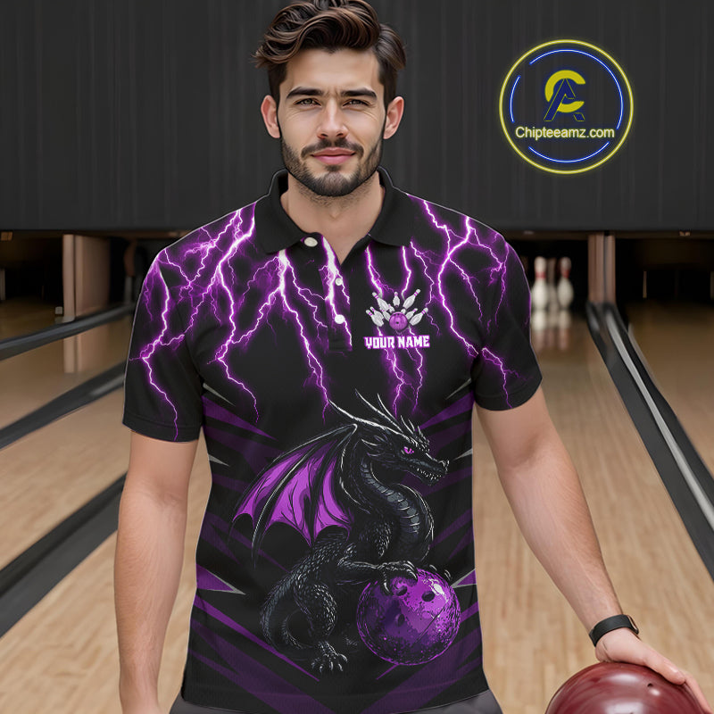 Black & Purple Lightning Thunder Dragon Bowling Shirt For Men Custom Dragon Bowling Team Shirt Uniform NQS9805