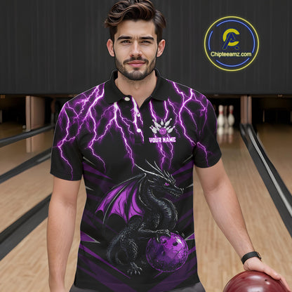 Black & Purple Lightning Thunder Dragon Bowling Shirt For Men Custom Dragon Bowling Team Shirt Uniform NQS9805