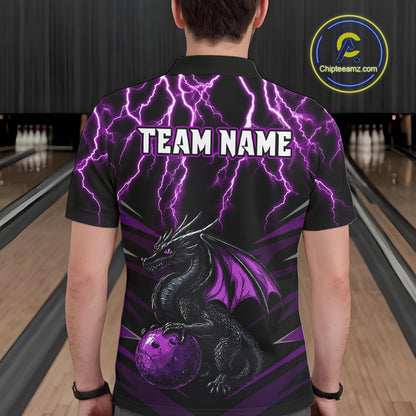 Black & Purple Lightning Thunder Dragon Bowling Shirt For Men Custom Dragon Bowling Team Shirt Uniform NQS9805