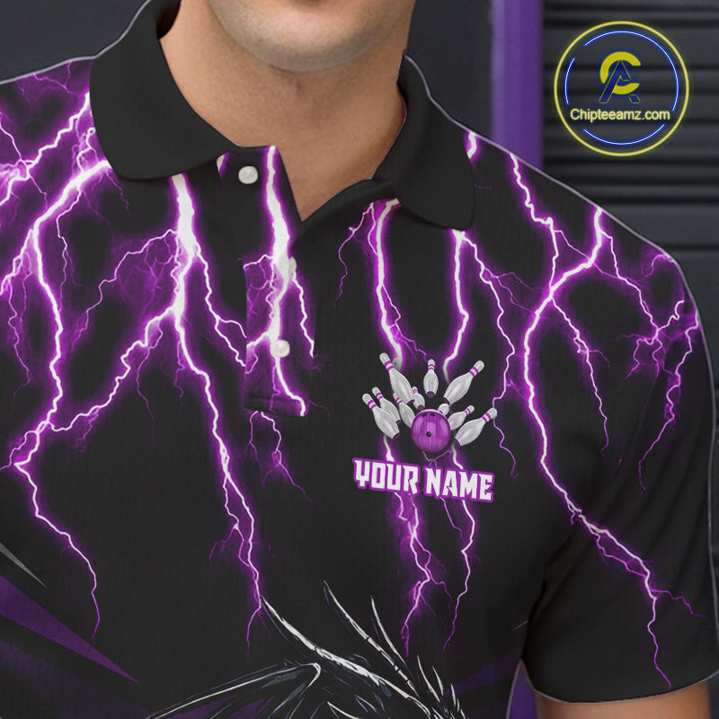 Black & Purple Lightning Thunder Dragon Bowling Shirt For Men Custom Dragon Bowling Team Shirt Uniform NQS9805