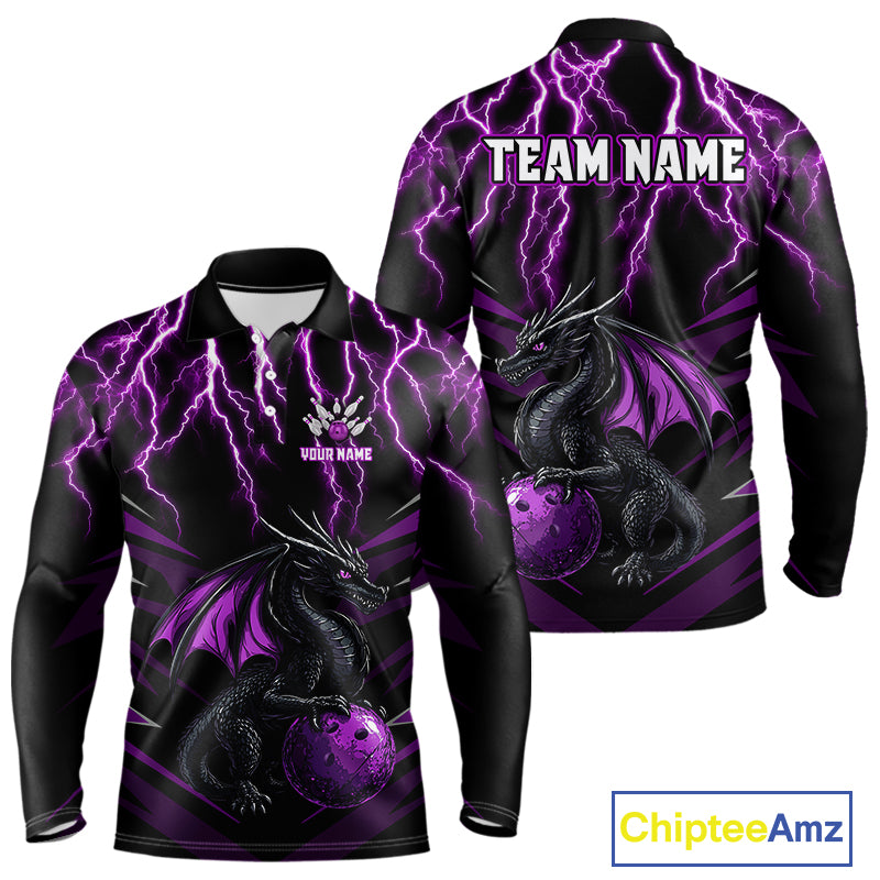 Black & Purple Lightning Thunder Dragon Bowling Shirt For Men Custom Dragon Bowling Team Shirt Uniform NQS9805