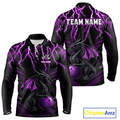 Black & Purple Lightning Thunder Dragon Bowling Shirt For Men Custom Dragon Bowling Team Shirt Uniform NQS9805