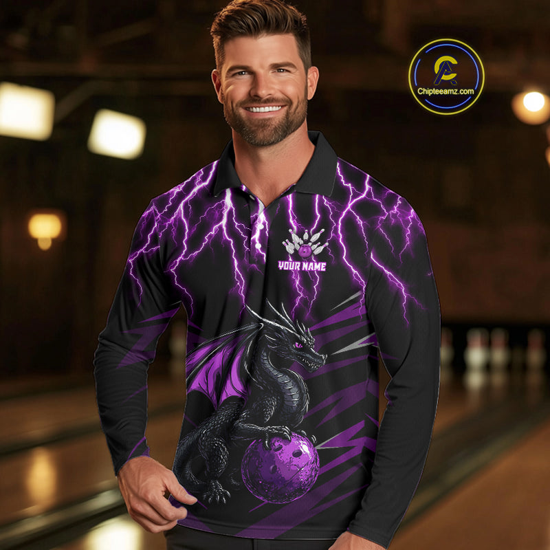 Black & Purple Lightning Thunder Dragon Bowling Shirt For Men Custom Dragon Bowling Team Shirt Uniform NQS9805