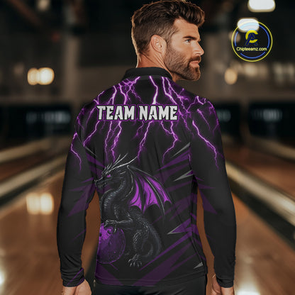 Black & Purple Lightning Thunder Dragon Bowling Shirt For Men Custom Dragon Bowling Team Shirt Uniform NQS9805