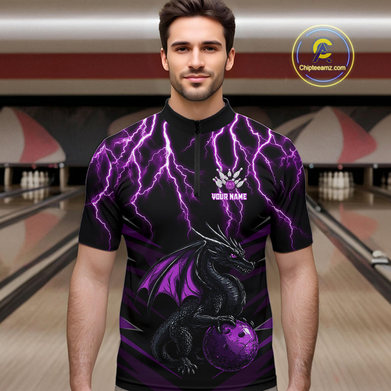 Black & Purple Lightning Thunder Dragon Bowling Shirt For Men Custom Dragon Bowling Team Shirt Uniform NQS9805
