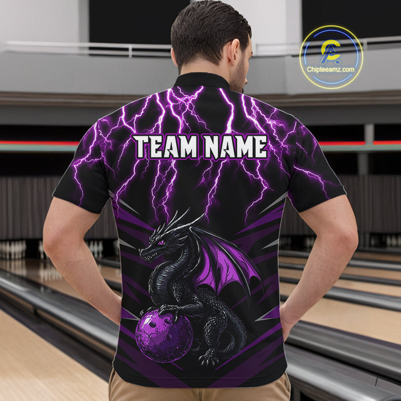 Black & Purple Lightning Thunder Dragon Bowling Shirt For Men Custom Dragon Bowling Team Shirt Uniform NQS9805