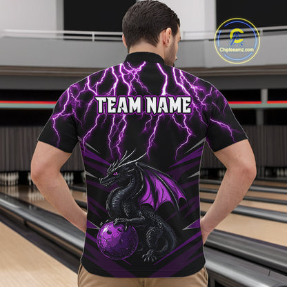 Black & Purple Lightning Thunder Dragon Bowling Shirt For Men Custom Dragon Bowling Team Shirt Uniform NQS9805