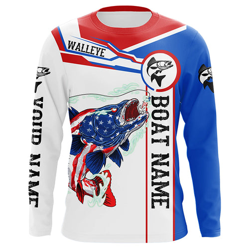 Angry Walleye American flag patriotic fishing Custom name and boat name tournament fishing shirts NQS5603