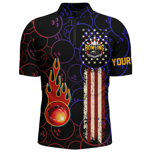 Custom American flag black Bowling Quarter Zip Shirts For men, patriotic Bowling tournament Jerseys NQS5615