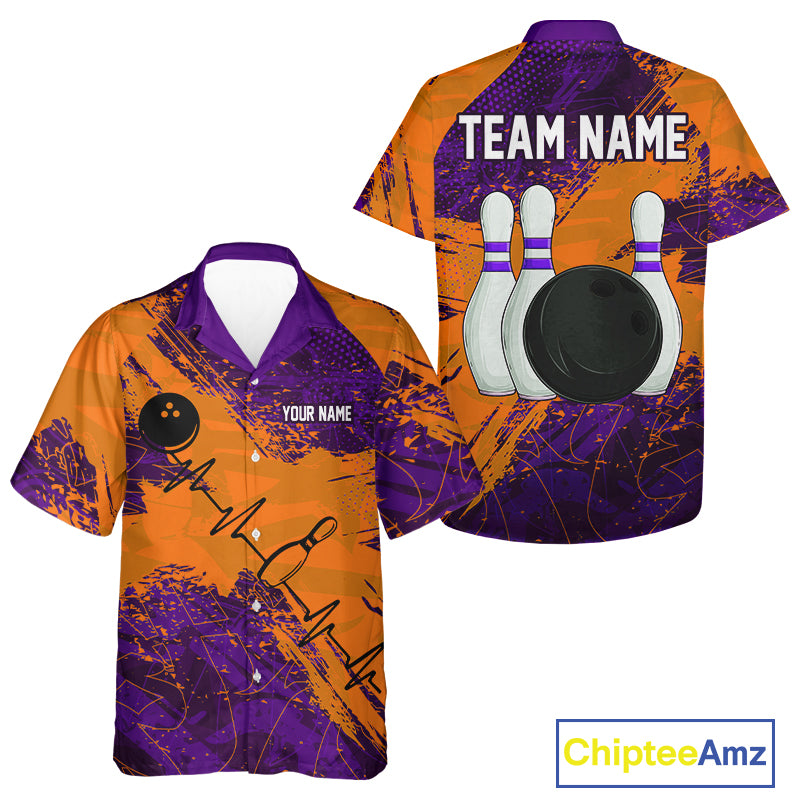 Orange and Purple Grunge Camo Heartbeat Bowling Hawaiian Shirts Custom Bowling Team Button up shirt NQS10039