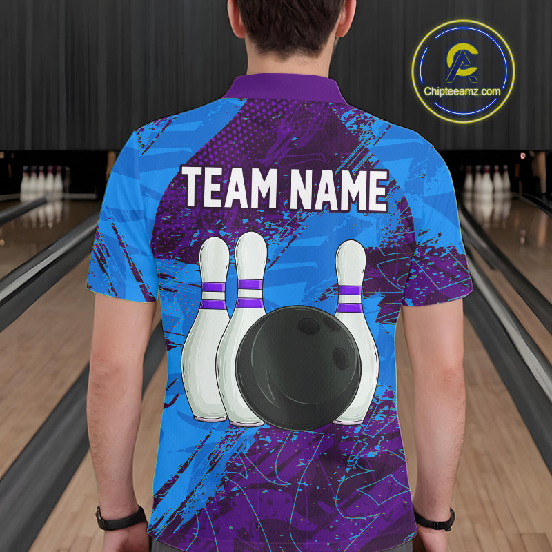 Blue and Purple Grunge Camo Heartbeat Bowling Polo, 1/4 Zip Shirt For Men Custom Bowling Team Jersey NQS10040