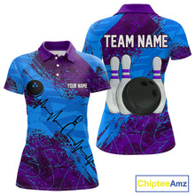 Load image into Gallery viewer, Blue and Purple Grunge Camo Heartbeat Women Bowling Polo, 1/4 Zip Shirt Custom Bowling Team Jersey NQS10040