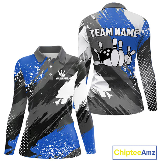 Blue Grunge pattern Bowling Team Shirt For Women Custom Bowling jersey Uniform Bowler Outfits NQS10041