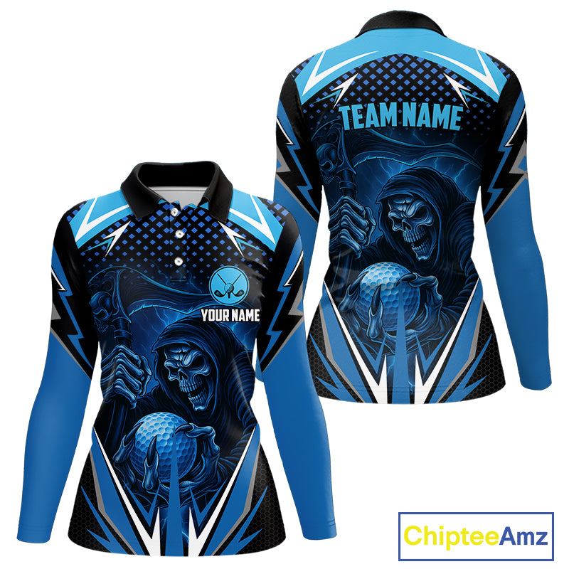 Women golf polo shirts custom Blue Lightning reaper skull Golf team golf jersey, ladies golf attire NQS10206