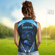 Load image into Gallery viewer, Women sleeveless golf polo shirt custom Blue Lightning reaper skull Golf team jersey golf attire NQS10206