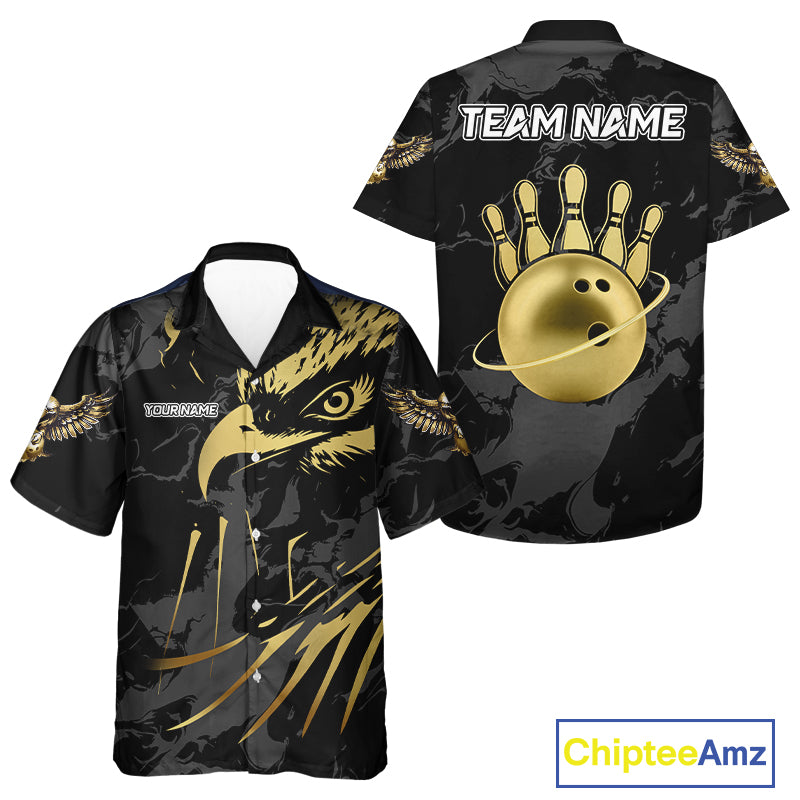 Black and Gold Eagle Bowling Hawaiian Shirt custom Bowling league outfits button up shirt NQS10209