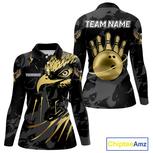 Black and Gold Eagle Bowling Polo, Quarter Zip Shirts For Women custom Bowling league outfits NQS10209