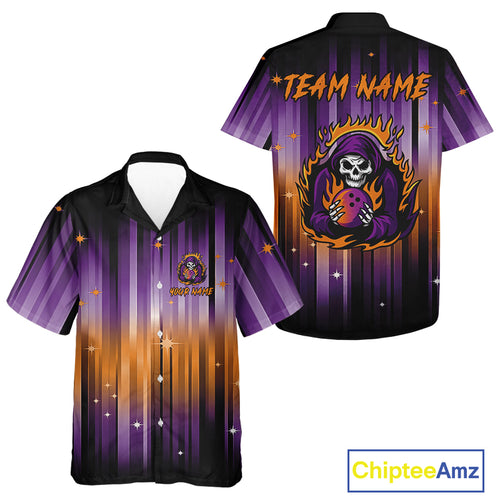 Custom Orange and Purple Flame Skull Halloween Bowling Hawaiian Shirt, Halloween Bowling Team Shirt NQS10358