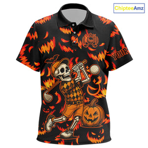 Orange and Black Halloween Pattern Funny Skull Golf polo shirt for Kid Custom Halloween Kid golf top NQS10352