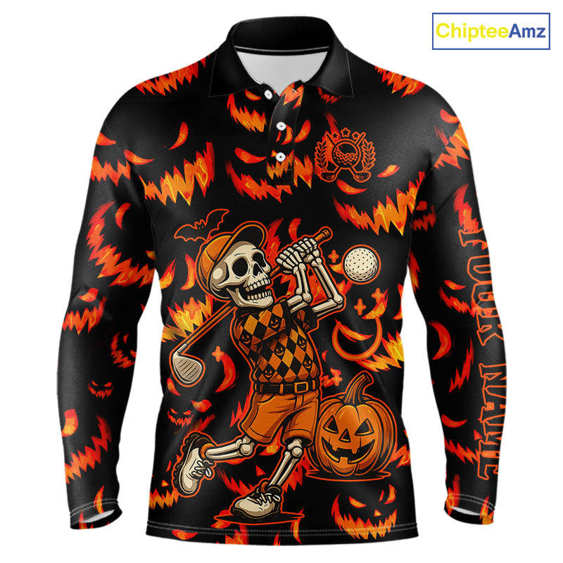 Orange and Black Halloween Pattern Funny Skull Golf polo shirt for men Custom Halloween Mens golf top NQS10352