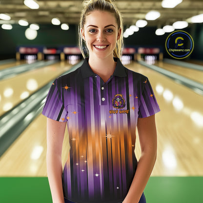 Custom Orange and Purple Flame Skull Halloween Bowling Shirt for Women, Halloween Bowling Team Jersey NQS10358