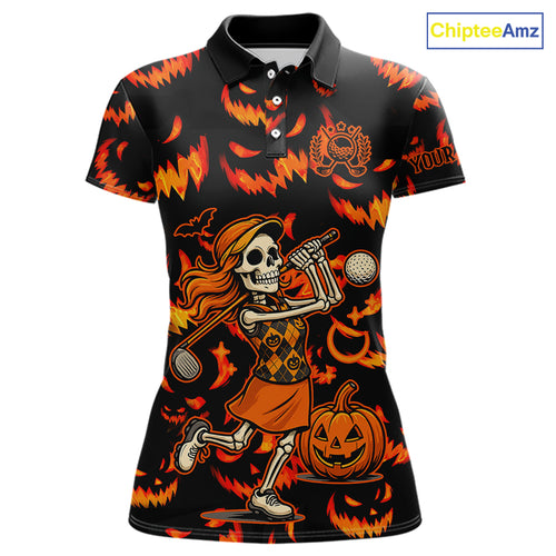 Orange and Black Halloween Pattern Funny Skull Golf polo shirt for Women Custom Halloween golf top NQS10352
