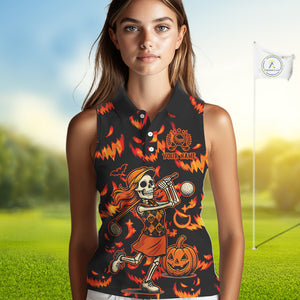 Orange and Black Halloween Pattern Funny Skull Golf sleeveless polo shirt Custom Halloween golf top NQS10352