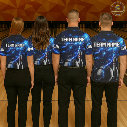 Blue Lightning Thunder Black Women Bowling Polo, Quarter zip Shirt custom storm bowling team jerseys NQS8386
