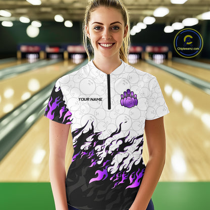 Black and White Camo Bowling Shirts For Women Custom Bowling Team League Jerseys | Purple NQS10562