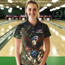 Load image into Gallery viewer, Black and Green Camo American Flag Eagle Bowling Shirt For Women Custom Patriotic Team Bowling Jersey NQS10573