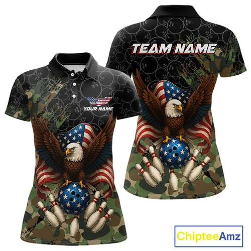 Black and Green Camo American Flag Eagle Bowling Shirt For Women Custom Patriotic Team Bowling Jersey NQS10573
