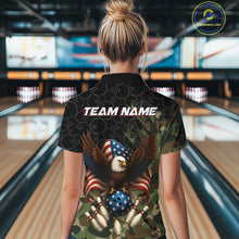 Load image into Gallery viewer, Black and Green Camo American Flag Eagle Bowling Shirt For Women Custom Patriotic Team Bowling Jersey NQS10573