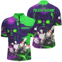Load image into Gallery viewer, Purple and Green Lightning Thunder Storm Skull Bowling Shirts For Men Custom Bowling Team Jerseys NQS8598