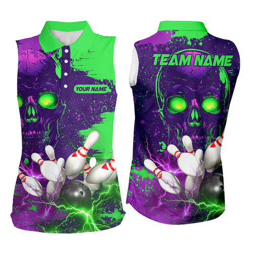 Purple & Green Lightning Thunder Storm Skull Bowling Sleeveless Polo Shirt Custom Bowling Team Jersey NQS8598