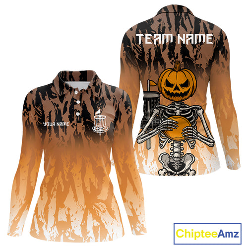 Funny Disc golf pumpkin skull orange camo Women disc golf polo shirt custom Halloween disc golf shirt NQS10790