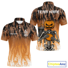 Load image into Gallery viewer, Funny Disc golf pumpkin skull orange camo Men disc golf polo shirts custom Halloween disc golf shirts NQS10790