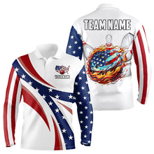 Load image into Gallery viewer, American Flag Flame Bowling Ball Pins Mens bowling shirts Personalized Patriotic Bowling Team Shirts NQS9086