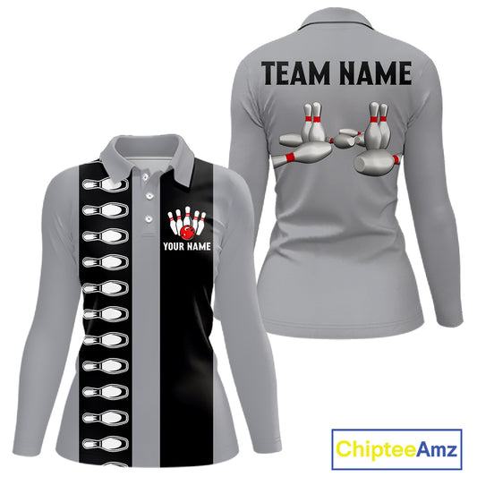 Black and Gray Retro Bowling Polo, Quarter Zip Shirts For Women Custom Vintage Bowling Team Jerseys NQS11156