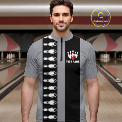 Black and Gray Retro Bowling Polo, Quarter Zip Shirts For Men Custom Vintage Bowling Team Jerseys NQS11156