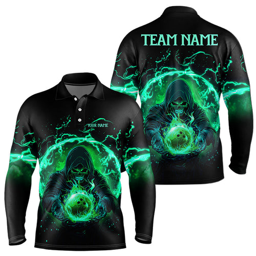 Black and Green Flame Skull Bowling Polo, Quarter Zip Shirt For Men Custom Skull Bowling Team Jerseys NQS9424