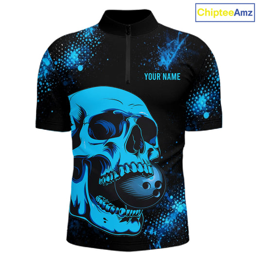 Black and Blue Skull bowling shirts for men Custom Skull team bowling shirts uniforms, bowling outfit NQS11573