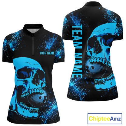 Black and Blue Skull bowling shirts for Women Custom Skull team bowling uniforms, bowling outfit NQS11573