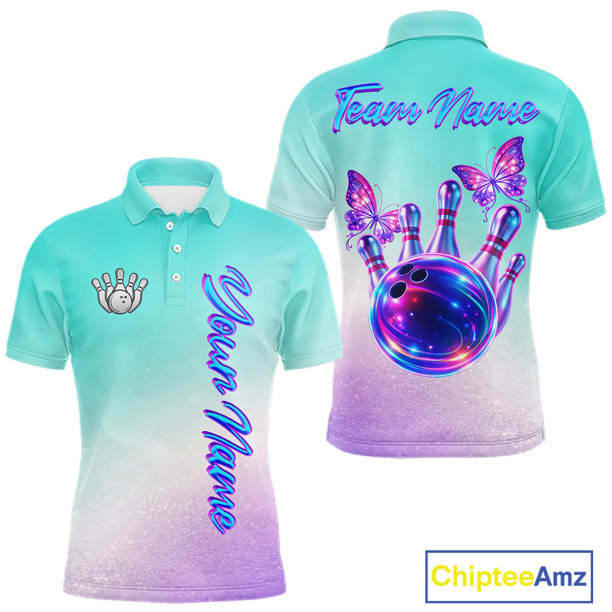 Custom Cyan Blue And Purple Glitter Butterfly Mens Bowling Team Shirts, Bowling League Shirt For Men NQS11704