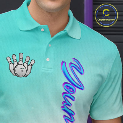 Custom Cyan Blue And Purple Glitter Butterfly Mens Bowling Team Shirts, Bowling League Shirt For Men NQS11704