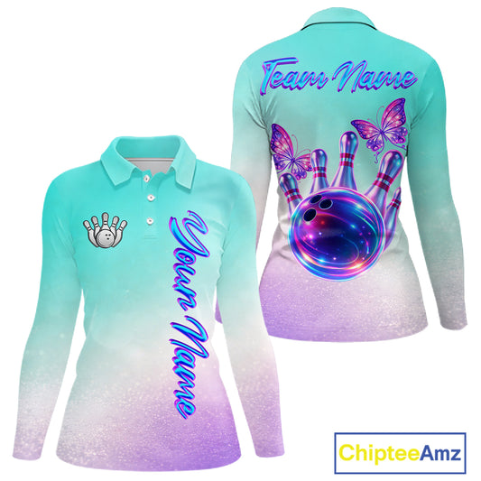 Custom Cyan Blue And Purple Glitter Butterfly Women Bowling Team Shirts, Ladies Bowling League Shirt NQS11704